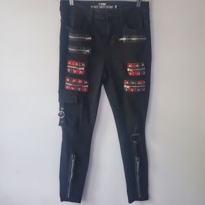 Hot Topic Juniors Black & Red Supper Skinny Jeans Sz 9 Goth Bikercore Metal Punk
